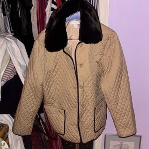 NWT Charter Club Quilted Tan Jacket with Faux Fur Collar